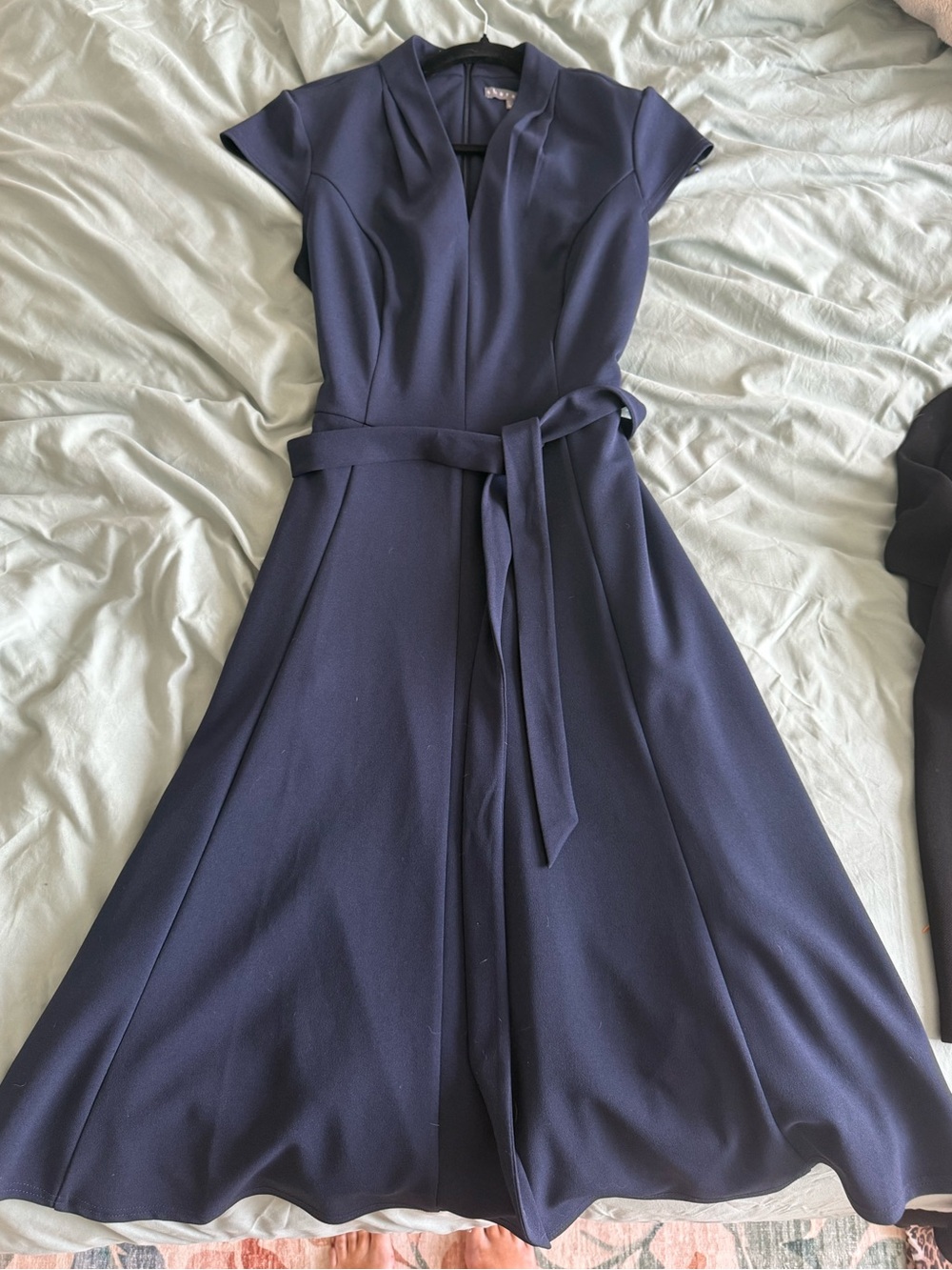 Sharagano Navy Fit-and-Flare Midi Dress with Self Tie Belt